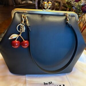 Black coach 27 Leather Frame-Top Women’s Handbag with Coach  Cherry Charm🍒